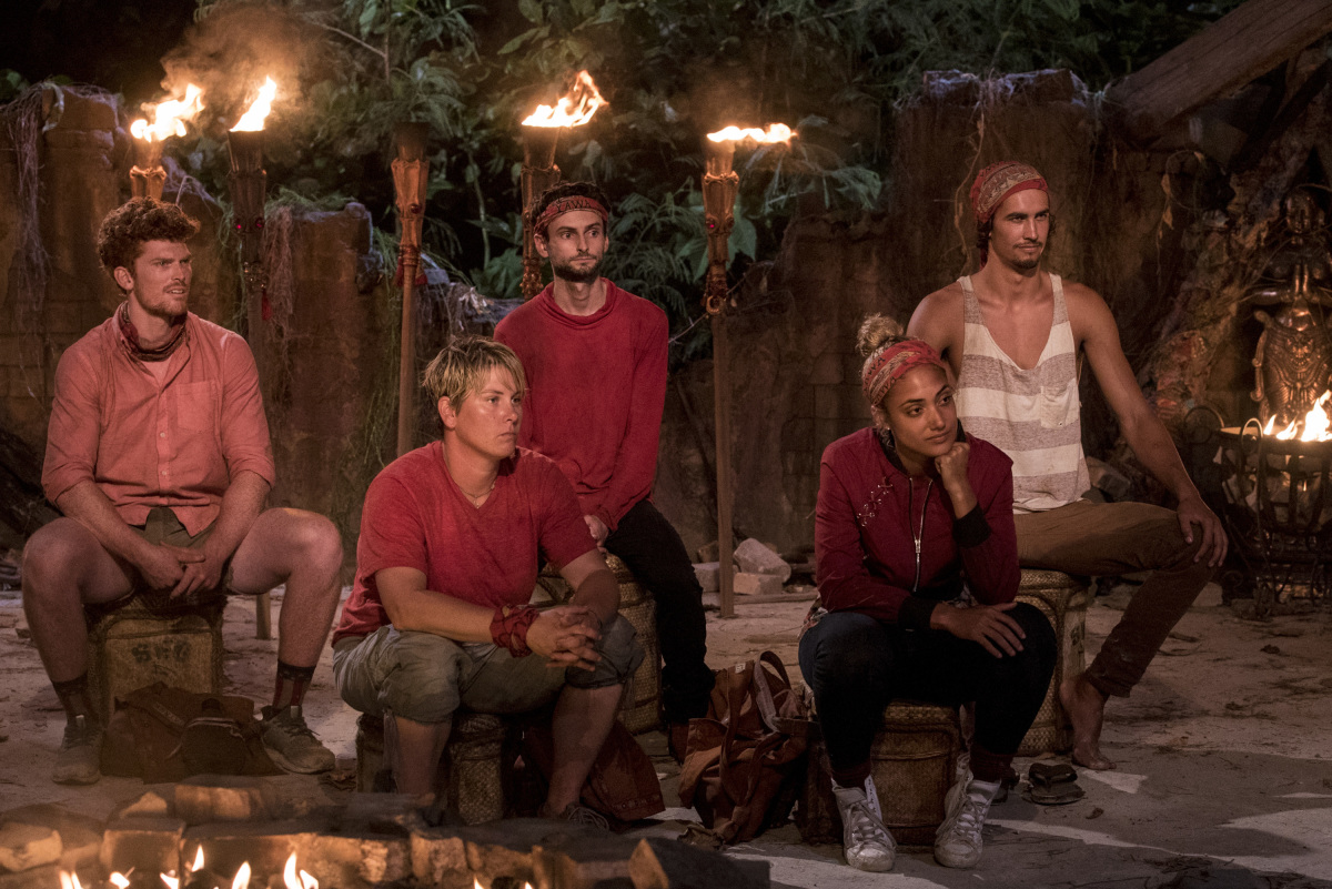 "My Kisses Are Very Private" - Patrick Bolton, Lauren Rimmer, Ryan Ulrich, Ali Elliott and Devon Pinto at Tribal Council on the third episode of SURVIVOR 35, themed Heroes vs. Healers vs. Hustlers, airing Wednesday, October 11 (8:00-9:00 PM, ET/PT) on the CBS Television Network. Photo: Robert Voets/CBS ÃÂ©2017 CBS Broadcasting Inc. All Rights Reserved